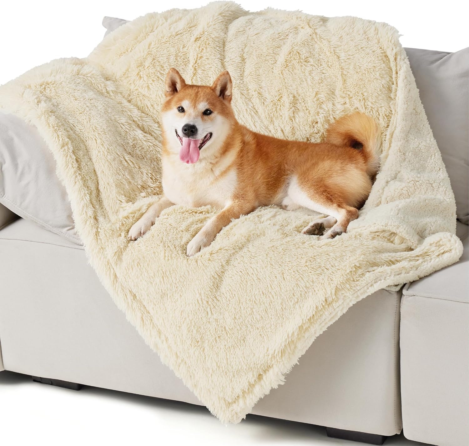 image:imageBedsure Waterproof Dog Blankets for Large Dogs Fluffy Faux Fur 6080 Plush Fuzzy Reversible Pet Blankets for Couch and Bed Soft Calming Throw Blanket Washable Dog Gift Twin SizeTiedye NavyCream