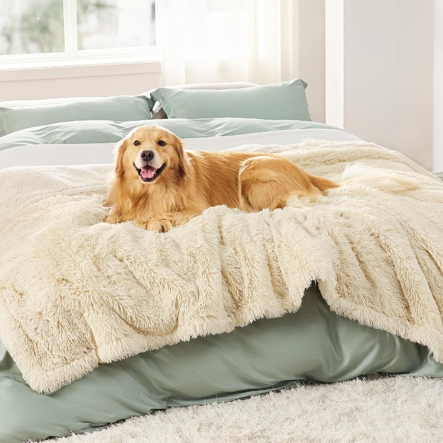 image:imageBedsure Waterproof Dog Blankets for Large Dogs Fluffy Faux Fur 6080 Plush Fuzzy Reversible Pet Blankets for Couch and Bed Soft Calming Throw Blanket Washable Dog Gift Twin SizeTiedye NavyCream