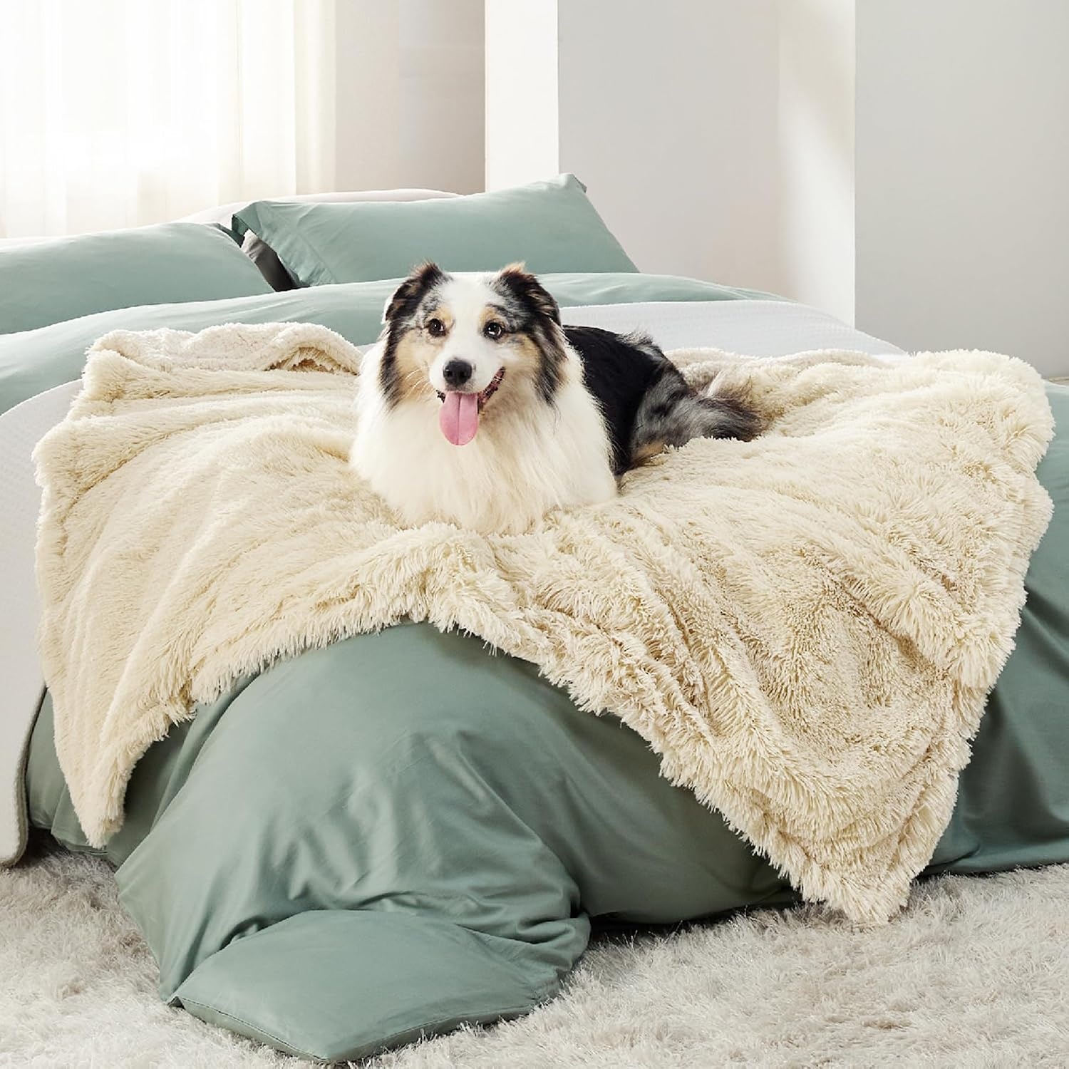 image:imageBedsure Waterproof Dog Blankets for Large Dogs Fluffy Faux Fur 6080 Plush Fuzzy Reversible Pet Blankets for Couch and Bed Soft Calming Throw Blanket Washable Dog Gift Twin SizeTiedye NavyCream