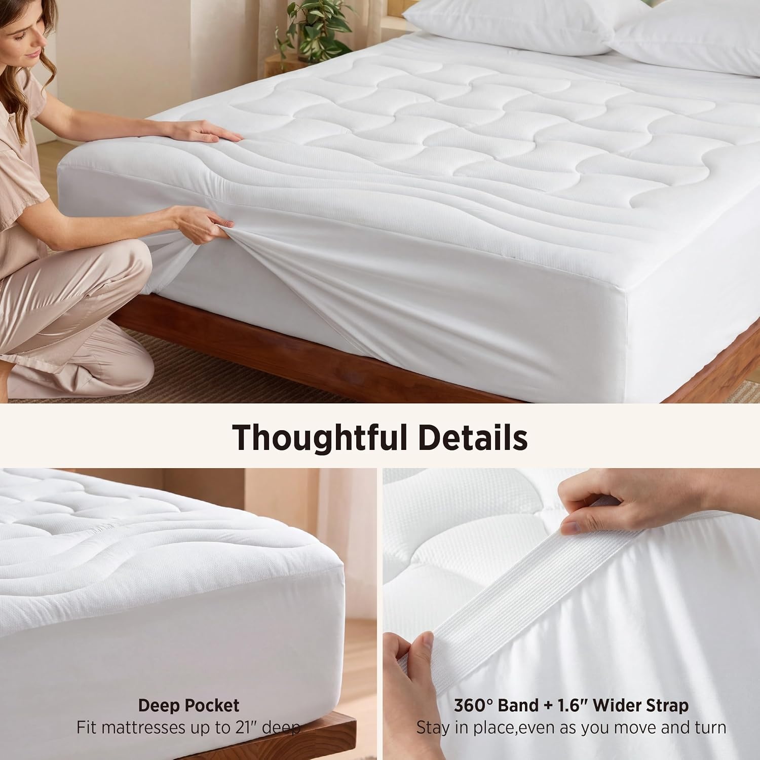 image:imageBedsure Waterproof Mattress Protector Queen Size Quilted Fitted Waterproof Mattress Pad Topper with 821 Inches Deep Pocket Noiseless Bed Cover Padded Machine WashableWhite 60x80 InchesWhite