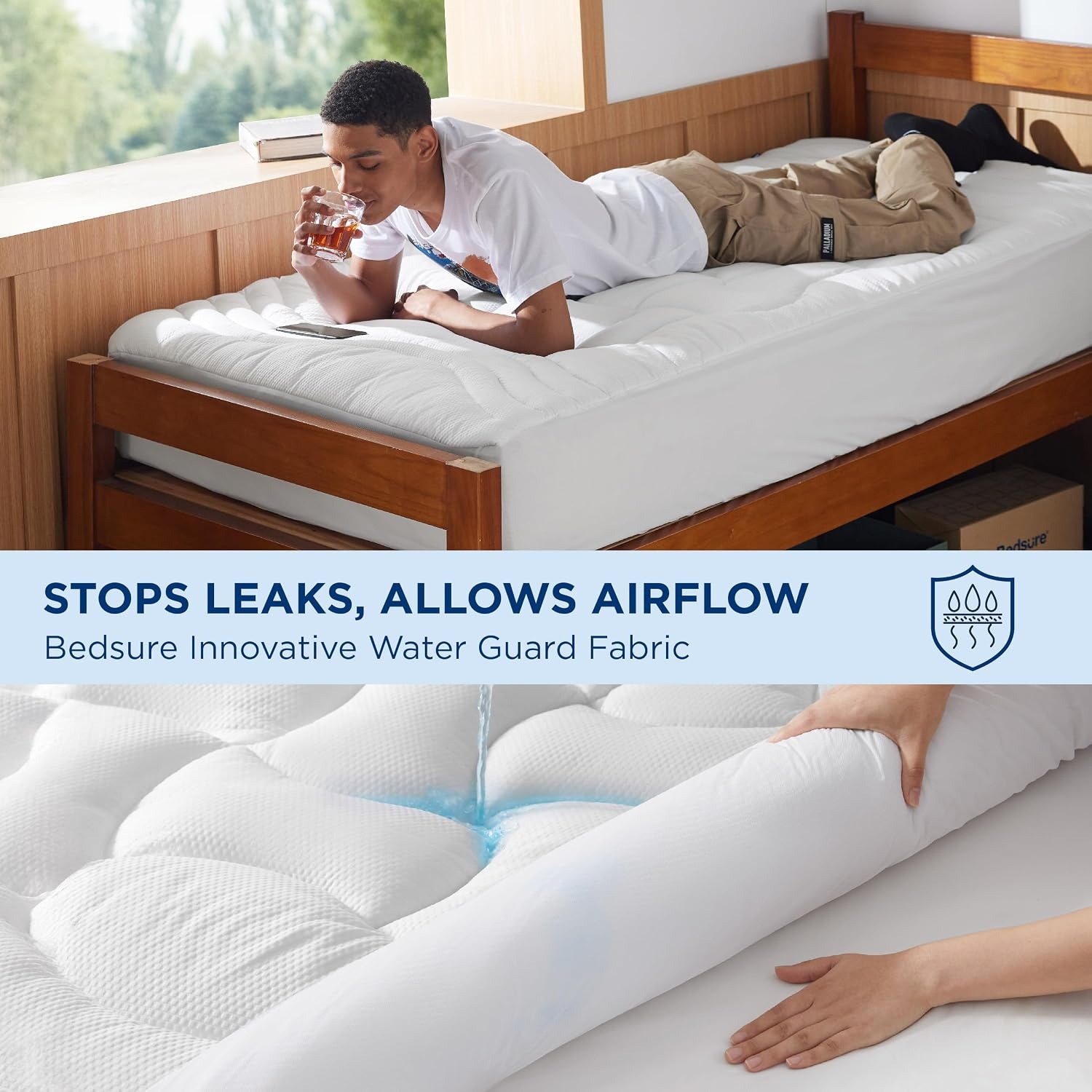 image:imageBedsure Waterproof Mattress Protector Queen Size Quilted Fitted Waterproof Mattress Pad Topper with 821 Inches Deep Pocket Noiseless Bed Cover Padded Machine WashableWhite 60x80 InchesWhite