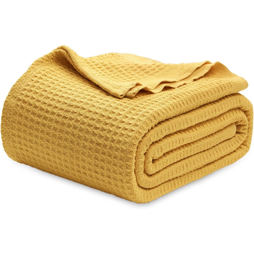 image:imageBedsure 100 Cotton Blanket Queen Size for Bed Cooling Breathable and Soft for Summer and Fall Thick Cozy Waffle Weave Blanket Gifts for Women White 90x90 Inches15 Mustard Yellow