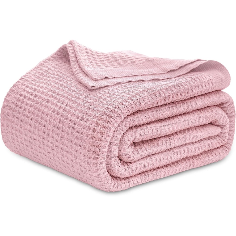 image:imageBedsure 100 Cotton Blanket Queen Size for Bed Cooling Breathable and Soft for Summer and Fall Thick Cozy Waffle Weave Blanket Gifts for Women White 90x90 Inches20 Light Pink
