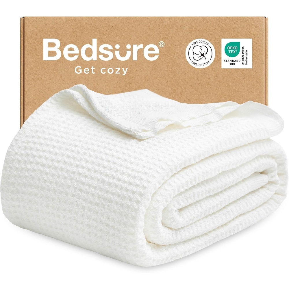 image:imageBedsure 100 Cotton Blanket Queen Size for Bed Cooling Breathable and Soft for Summer and Fall Thick Cozy Waffle Weave Blanket Gifts for Women White 90x90 Inches01 White