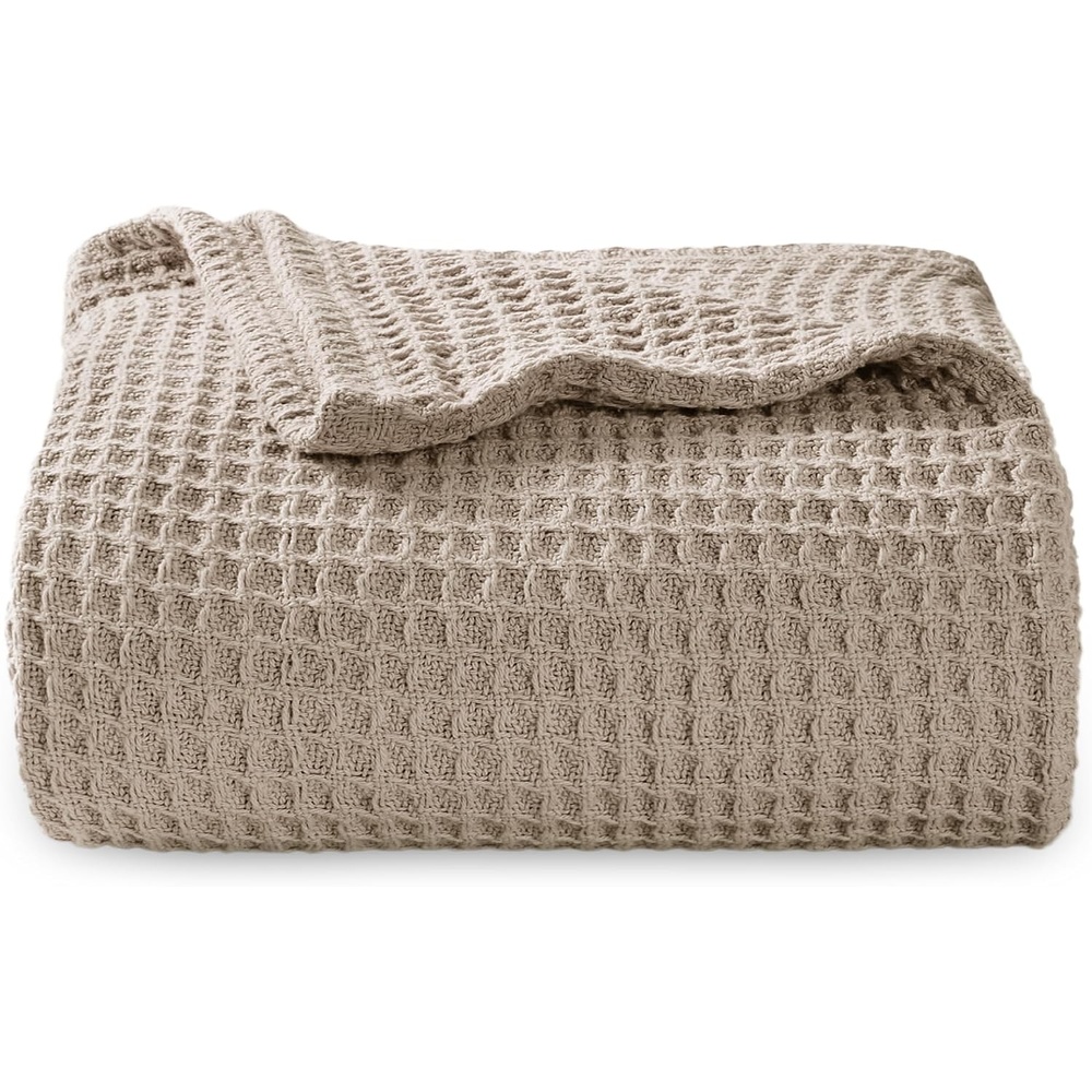 image:imageBedsure 100 Cotton Blanket Queen Size for Bed Cooling Breathable and Soft for Summer and Fall Thick Cozy Waffle Weave Blanket Gifts for Women White 90x90 Inches03 Taupe