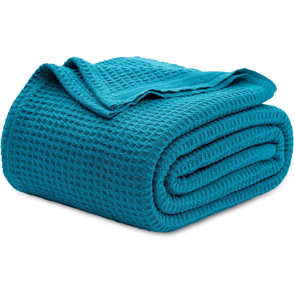 image:imageBedsure 100 Cotton Blanket Queen Size for Bed Cooling Breathable and Soft for Summer and Fall Thick Cozy Waffle Weave Blanket Gifts for Women White 90x90 Inches19 Teal Blue