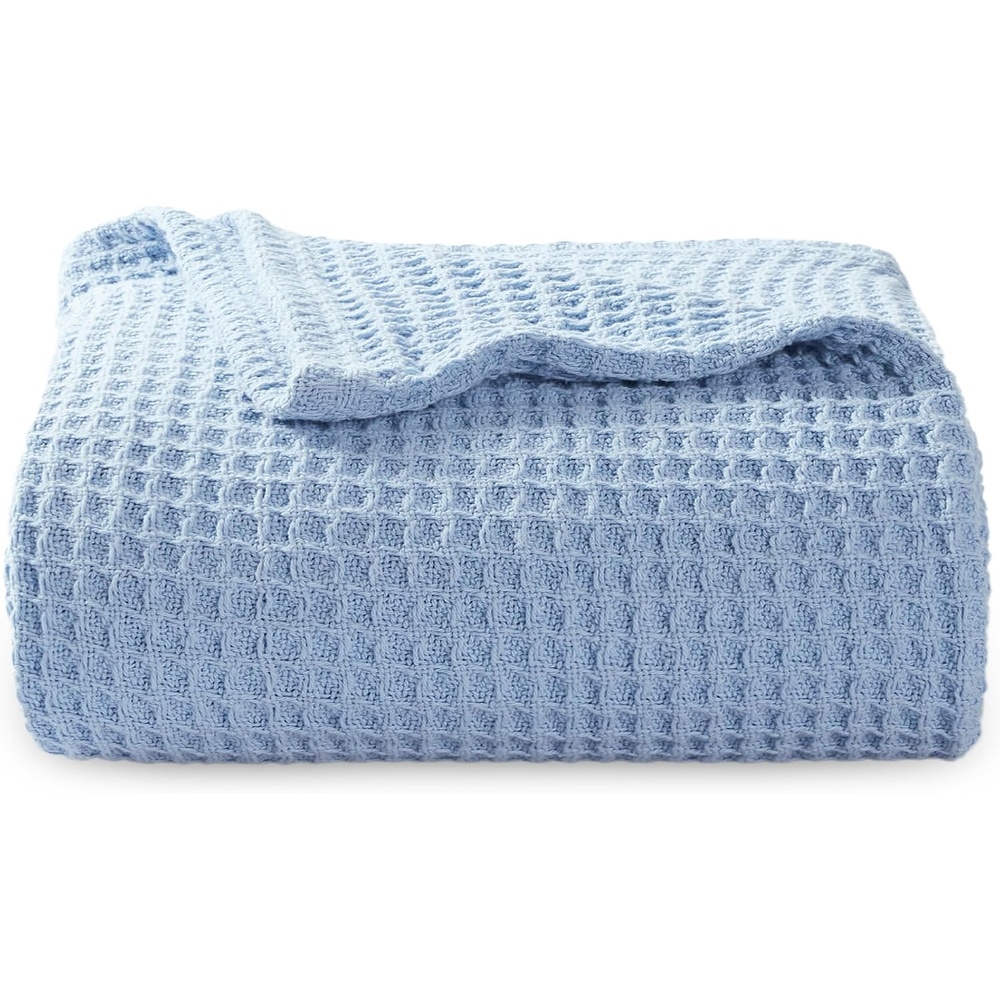 image:imageBedsure 100 Cotton Blanket Queen Size for Bed Cooling Breathable and Soft for Summer and Fall Thick Cozy Waffle Weave Blanket Gifts for Women White 90x90 Inches09 Sky Blue