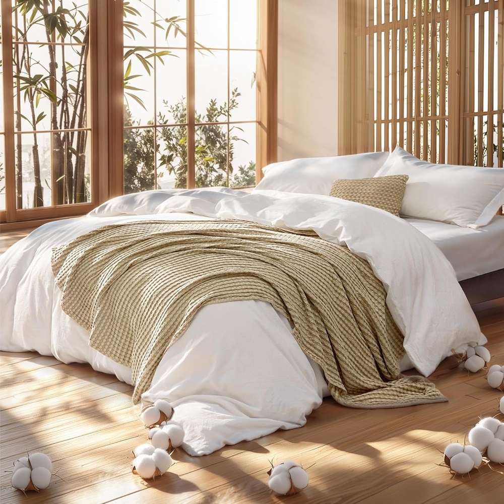 image:imageBedsure 5 Pieces Cotton Comforter Set with Cotton Waffle Throw Blanket  White Queen Comforter Pillow Shams Taupe Cooling Blanket of Rayon Derived from Bamboo for Hot Sleepers Throw Pillow07  White