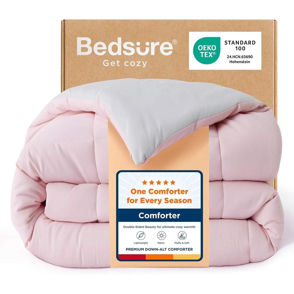 image:imageBedsure Comforters Queen Size Duvet Insert Quilted Down Alternative Comforter Ultra Soft Lightweight Comforter Blanket for Bed with 8 Tabs Machine Washable 88x88 in WhitePinkGrey