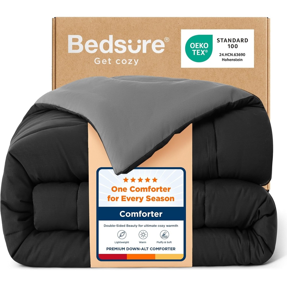 image:imageBedsure Comforters Queen Size Duvet Insert Quilted Down Alternative Comforter Ultra Soft Lightweight Comforter Blanket for Bed with 8 Tabs Machine Washable 88x88 in WhiteBlackGrey