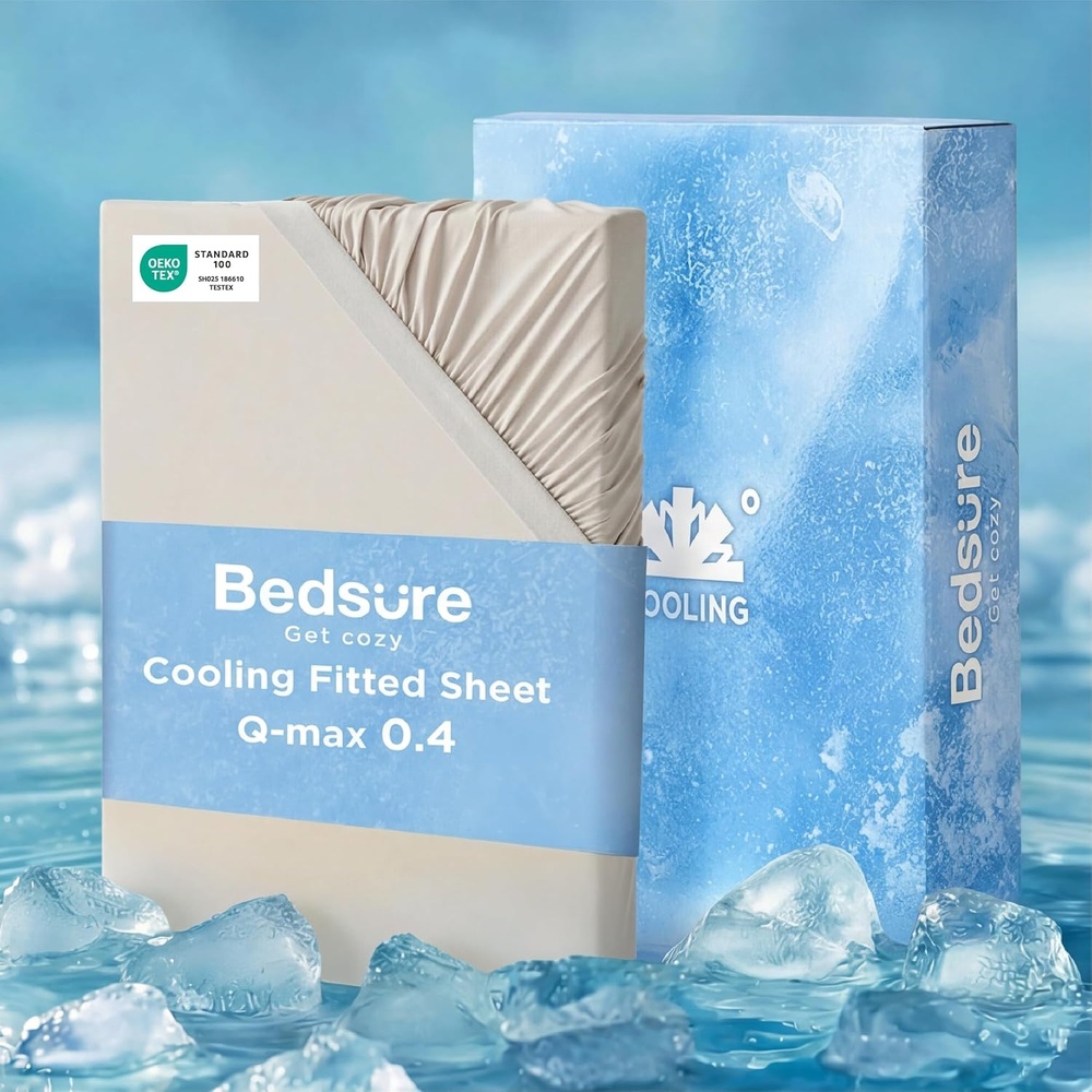 image:imageBedsure Cooling Fitted Sheet Only for Hot Sleeper King Size Blue Up to 16 Deep 360 Elastic Corner Straps QMax 04 Temperature Regulation Bedding for Night Sweats03 Beige