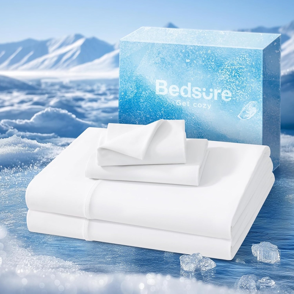 image:imageBedsure Cooling Sheets Queen Size Hot Sleeper Bed Sheets Up to 18 Inches Chill Cool Bed Sheet Deep Pocket Soft amp Breathable Queen Sheet Set 4 Pieces Grey02 White
