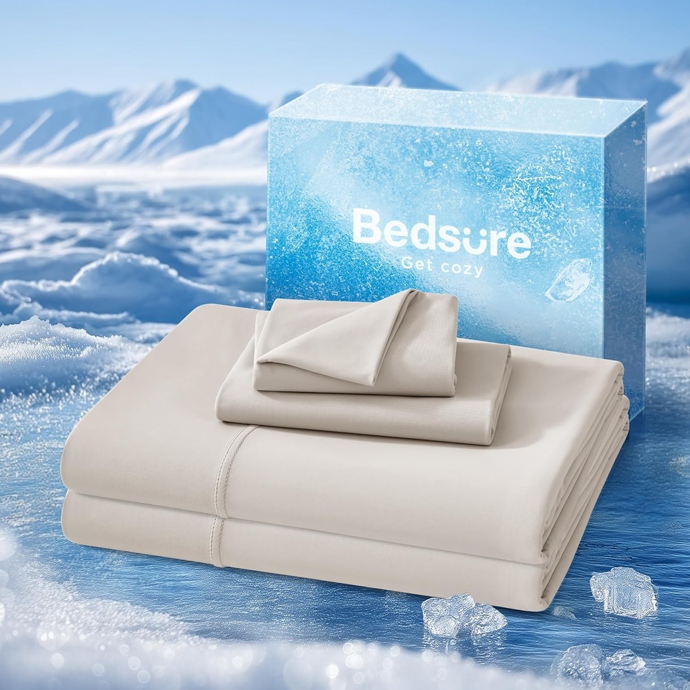 image:imageBedsure Cooling Sheets Queen Size Hot Sleeper Bed Sheets Up to 18 Inches Chill Cool Bed Sheet Deep Pocket Soft amp Breathable Queen Sheet Set 4 Pieces Grey03 Beige
