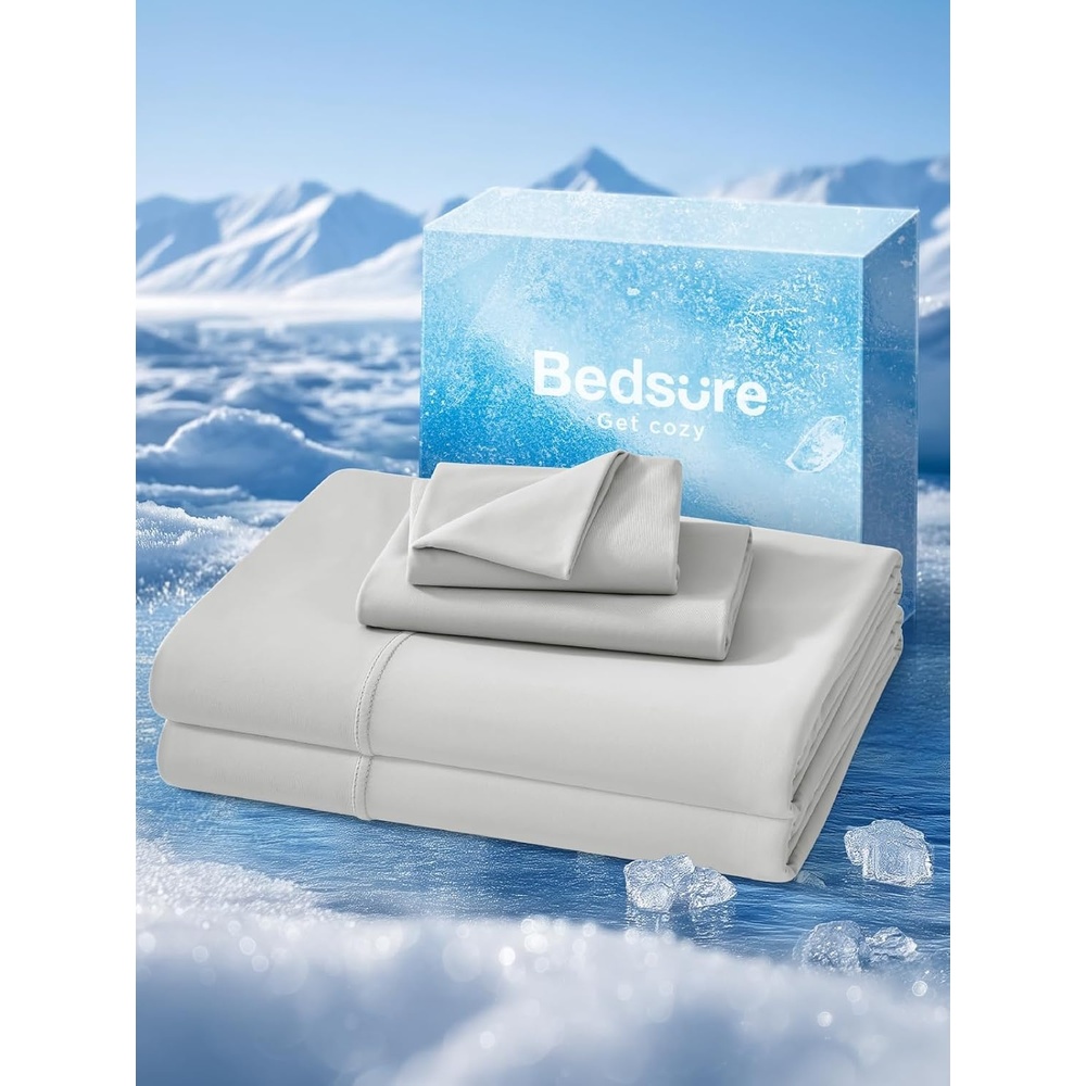 image:imageBedsure Cooling Sheets Queen Size Hot Sleeper Bed Sheets Up to 18 Inches Chill Cool Bed Sheet Deep Pocket Soft amp Breathable Queen Sheet Set 4 Pieces Grey01 Grey