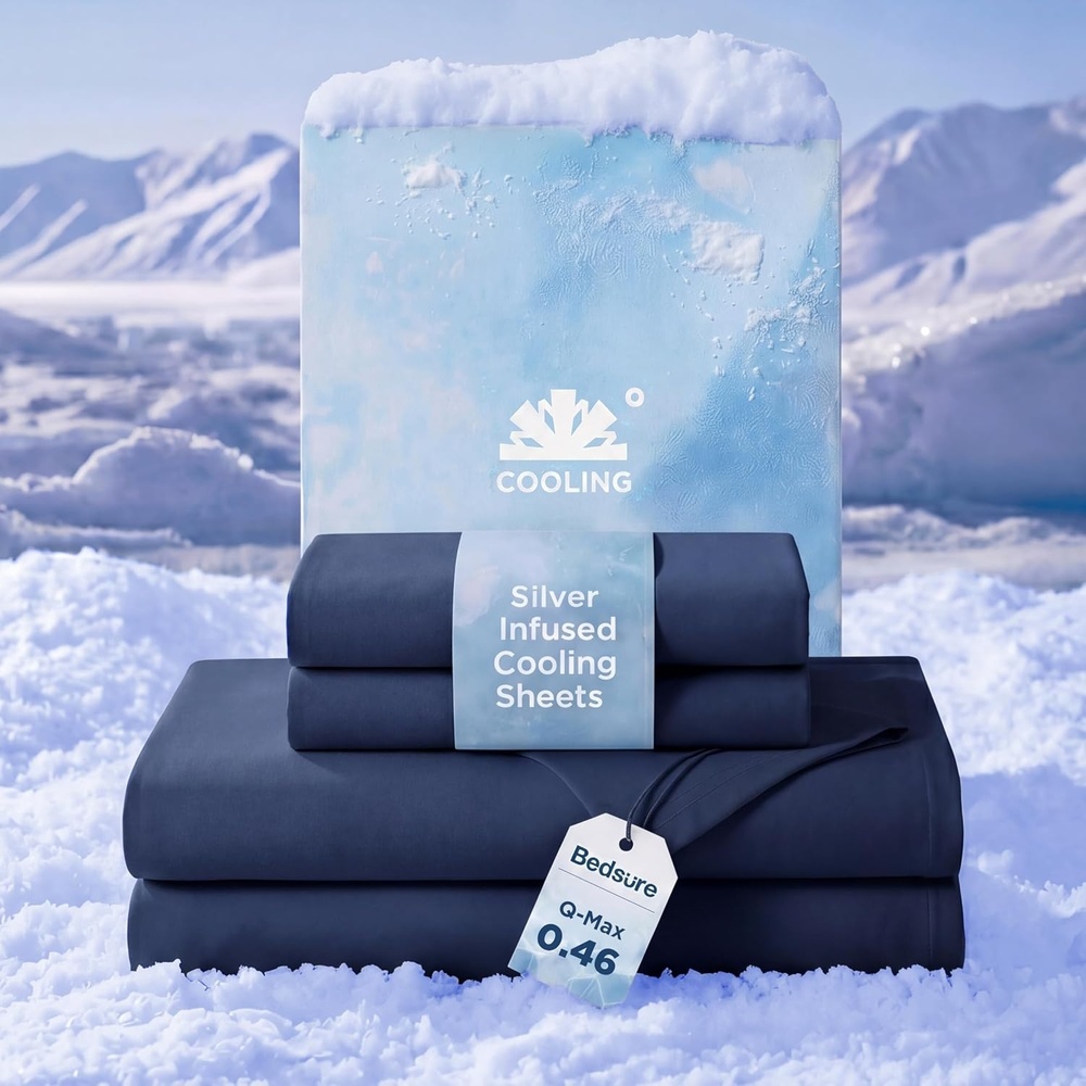 image:imageBedsure Cooling Sheets Queen Size Silver Infused Bed Sheets QMaxgt046 Instant Cooling for Hot Sleepers Luxury Soft Silky Smooth Breathable Deep Pocket Up to 16 4 Pieces with PillowcasesNavy