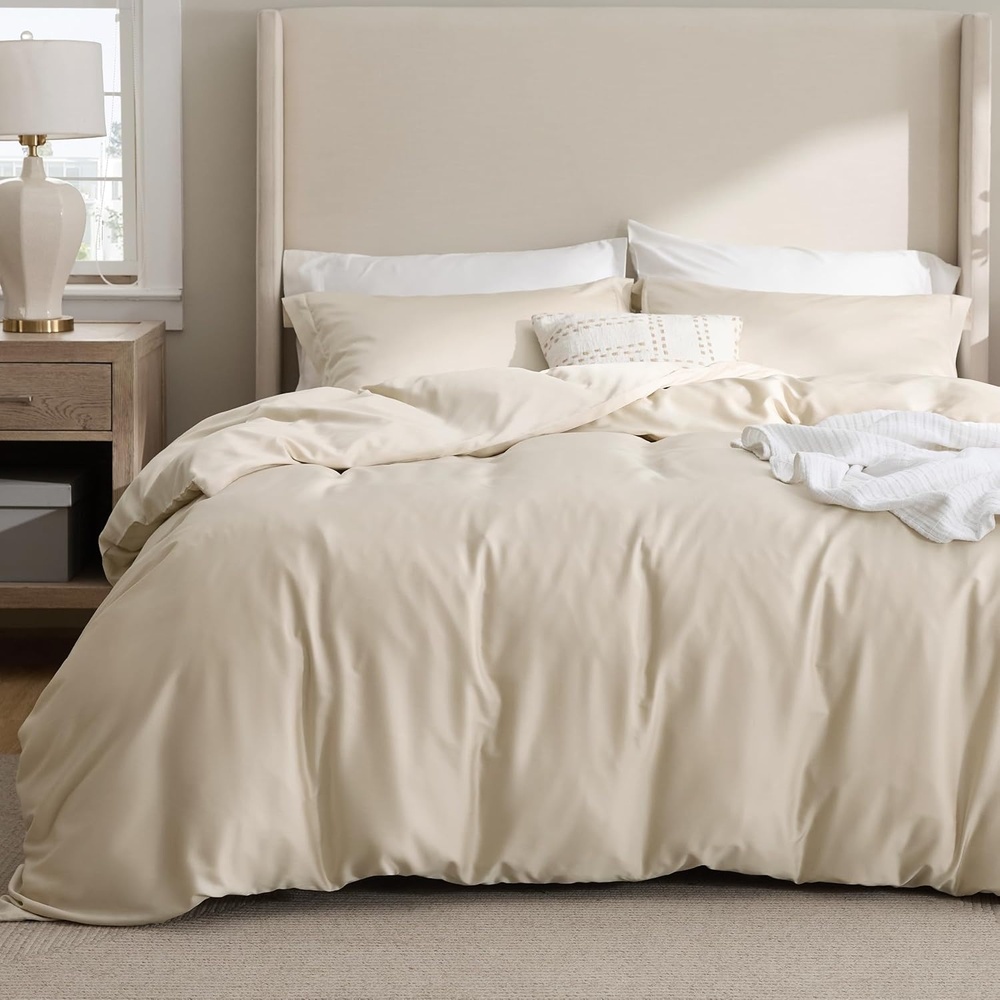 image:imageBedsure Dark Grey King Duvet Cover Set Cooling Lyocell Cotton Blend Silky Cooling Lyocell Cotton Breathable Hot Sleepers Moisture Wicking 8 Ties Zipper Closure 104x90 Comforter Cover02 Beige No Comforter