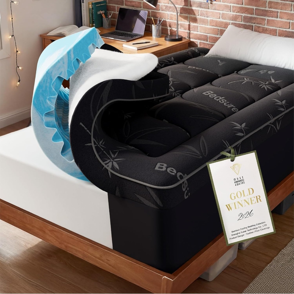 image:imageBedsure DualLayer 5 Inch Memory Foam Mattress Topper King 3 Inch Memory Foam 2 Inch Viscose Made from Bamboo Mattress Topper Pad Cover Breathable amp Pressure Relief BlackTwin