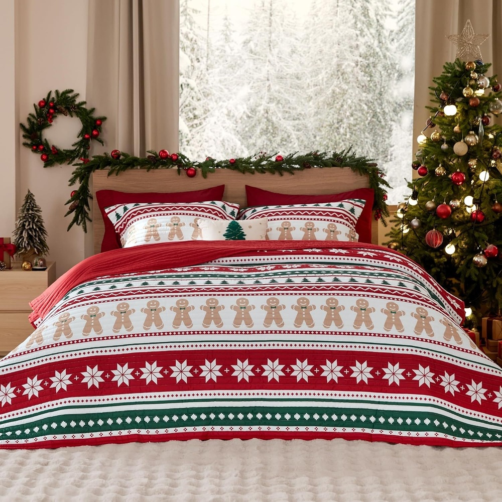 image:imageBedsure Floral Quilts Queen Size Reversible Botanical Floral Comforter Bedding Bedspread Coverlet Lightweight AllSeason Comfort Green amp White Plaid Parttern Machine Washable 90x96 3 Pcs16 Gingerbread Man