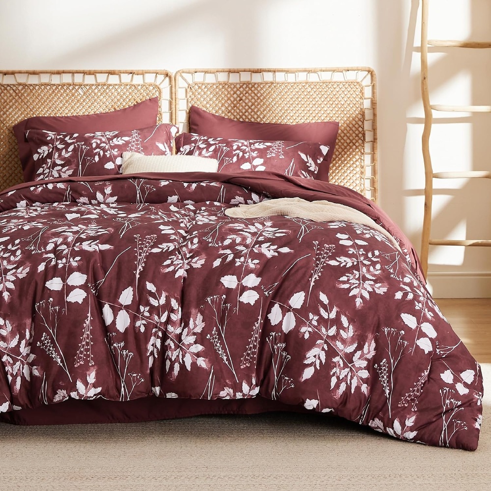 image:imageBedsure Full Size Comforter Set 7 Pieces Floral Sage Green Soft Bedding Sets Full Bed in a Bag with Botanical Flowers Comforter Sheets Pillowcases amp Shams14 Burgundy