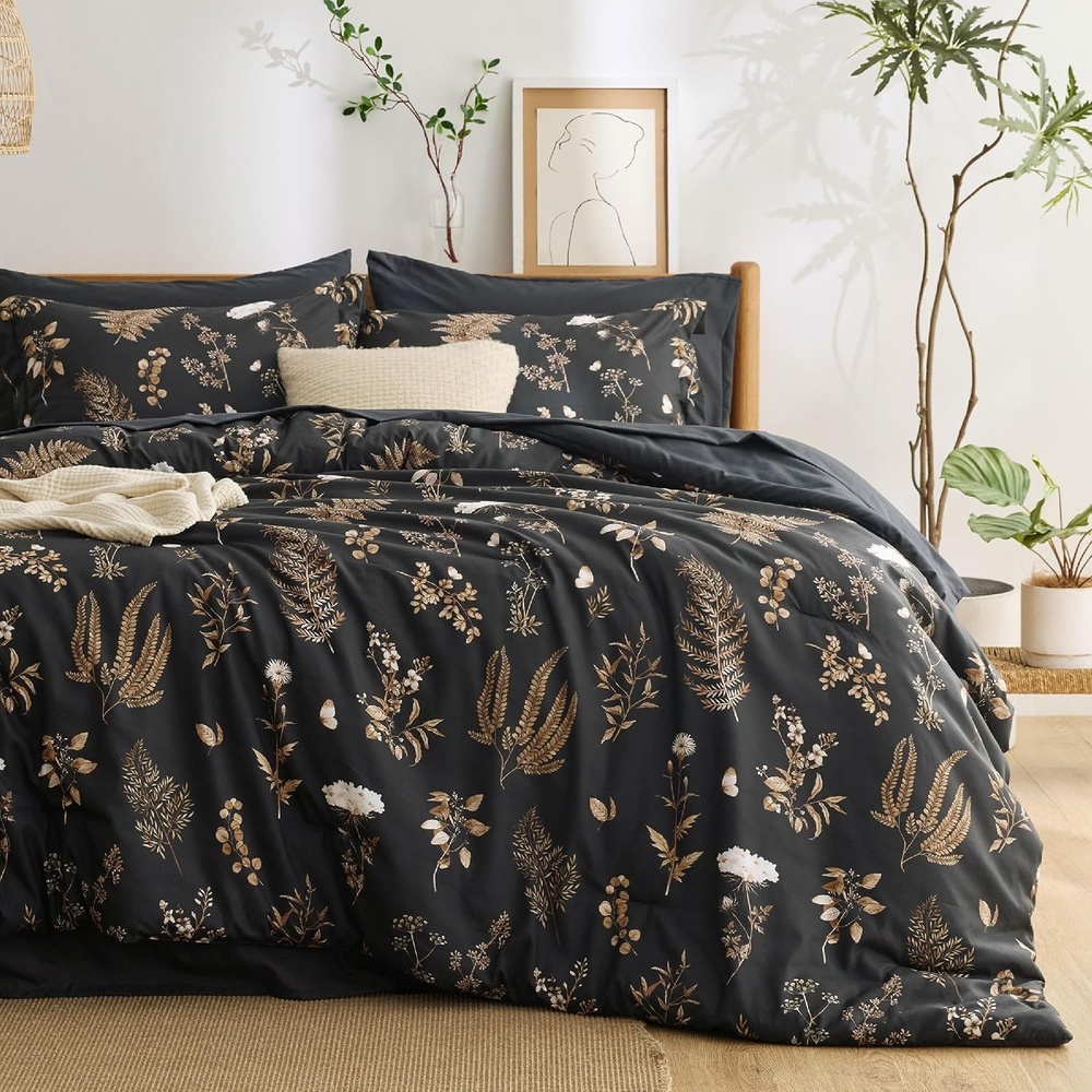 image:imageBedsure Full Size Comforter Set 7 Pieces Floral Sage Green Soft Bedding Sets Full Bed in a Bag with Botanical Flowers Comforter Sheets Pillowcases amp Shams10 Black