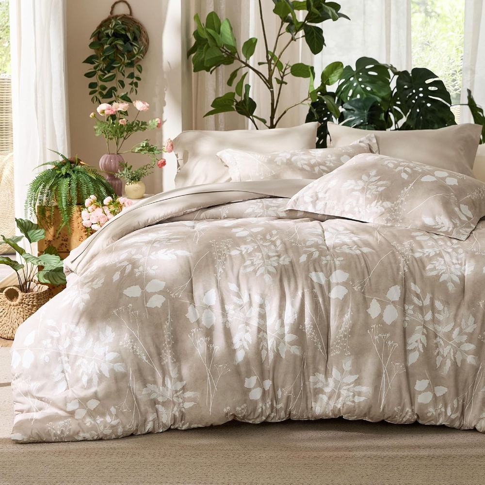 image:imageBedsure Full Size Comforter Set 7 Pieces Floral Sage Green Soft Bedding Sets Full Bed in a Bag with Botanical Flowers Comforter Sheets Pillowcases amp Shams11 Beige