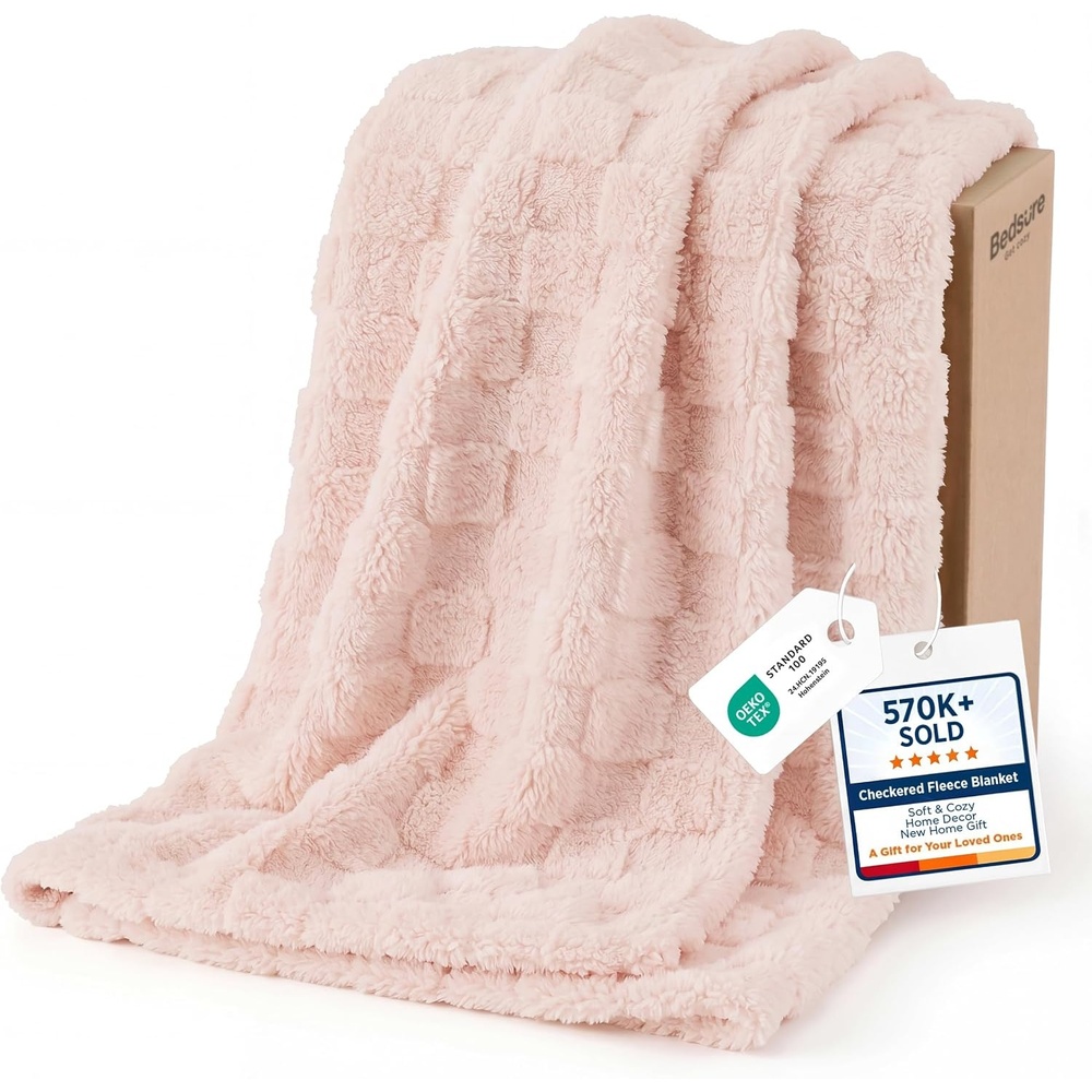 image:imageBedsure GentleSoft Sage Green Throw Blanket for Couch Checkered Cute Fleece Blankets Soft Cozy Summer Throw for Bedroom Home Decor Gifts for Mom Girls Green 50x60 InchesLight Pink