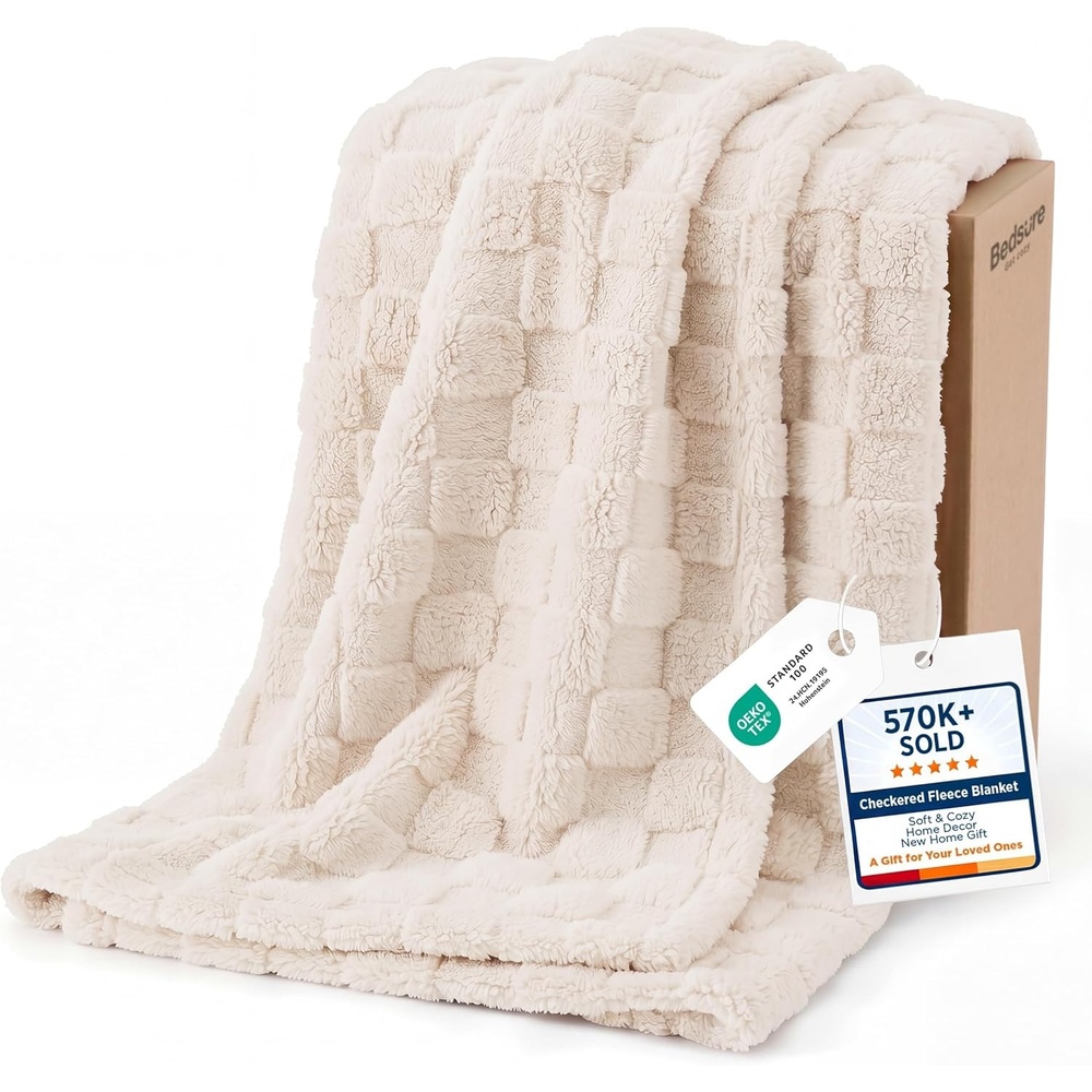 image:imageBedsure GentleSoft Sage Green Throw Blanket for Couch Checkered Cute Fleece Blankets Soft Cozy Summer Throw for Bedroom Home Decor Gifts for Mom Girls Green 50x60 Inches07 Cream