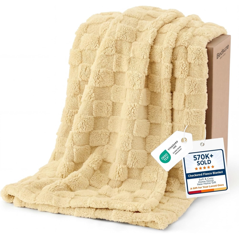 image:imageBedsure GentleSoft Sage Green Throw Blanket for Couch Checkered Cute Fleece Blankets Soft Cozy Summer Throw for Bedroom Home Decor Gifts for Mom Girls Green 50x60 InchesLight Yellow