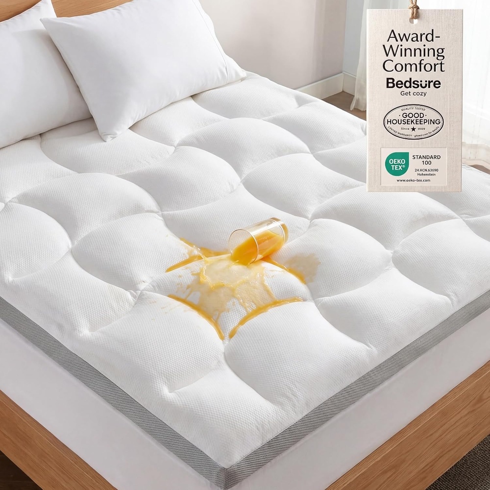 image:imageBedsure Pillow Top Mattress Topper QueenWaterproof Mattress Protector with 821 Inches Deep Pocket 800 GSM Extra Thick Mattress Topper Queen Size Bed Soft Cover Bed Topper for Home Hotel  WhiteWhite