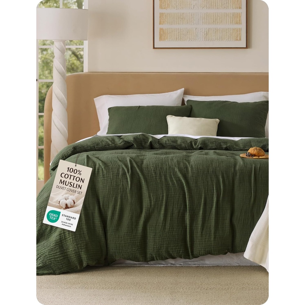 image:imageBedsure PureWoven 100 Cotton Muslin Duvet Cover Queen Gauze Bedding Set UltraSoft MoistureWicking Breathable SkinFriendly Lightweight AllSeason Softens After Wash Olive Green 90x9001 Muslin Olive Green No Comforter