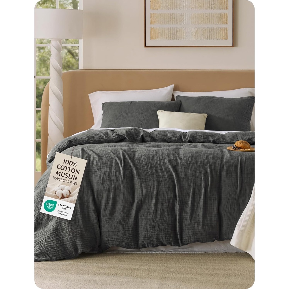 image:imageBedsure PureWoven 100 Cotton Muslin Duvet Cover Queen Gauze Bedding Set UltraSoft MoistureWicking Breathable SkinFriendly Lightweight AllSeason Softens After Wash Olive Green 90x9003 Muslin Dark Grey No Comforter