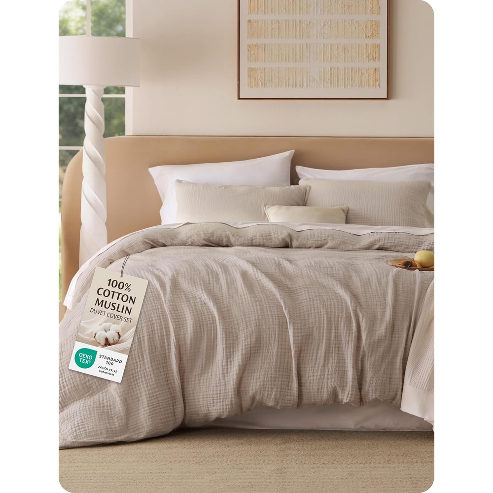 image:imageBedsure PureWoven 100 Cotton Muslin Duvet Cover Queen Gauze Bedding Set  UltraSoft MoistureWicking Breathable SkinFriendly Lightweight AllSeason Softens After Wash Olive Green 90x9005  Muslin  Light Brown No Comforter