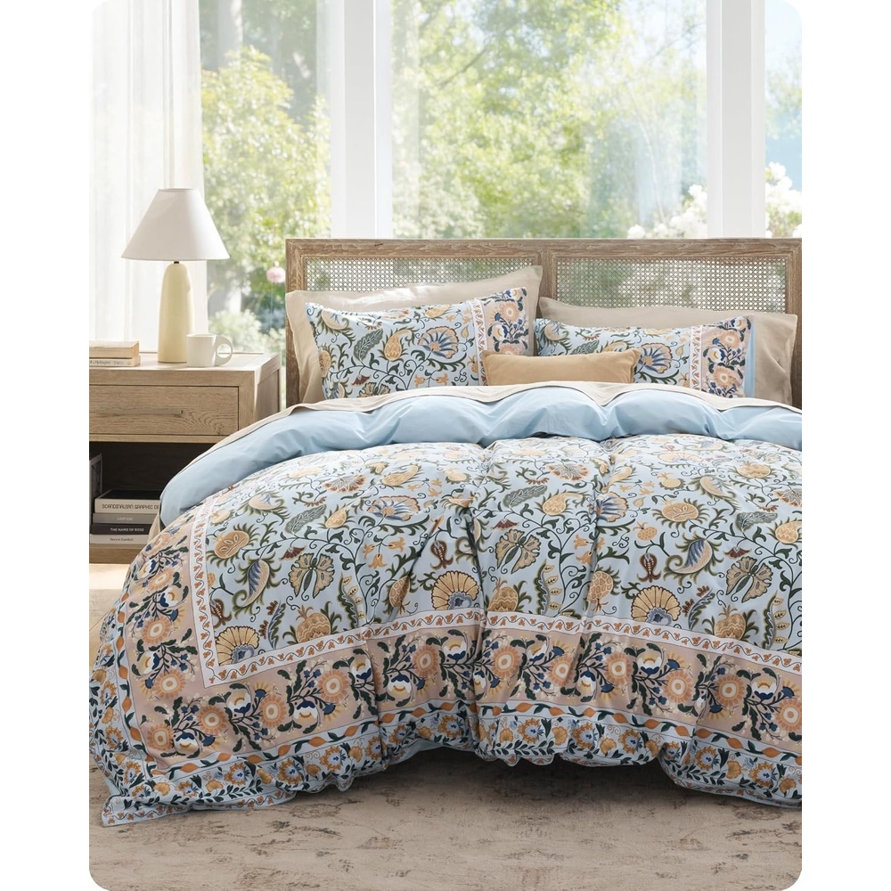 image:imageBedsure PureWoven 100 Cotton Striped Duvet Cover Set Queen TanWhite Washed Cotton LinenLike Texture Breathable Zipper Closure Machine Washable 3 Pieces with 2 Pillow Shams 90 X 9001 Vintage Blue Boho No Comforter