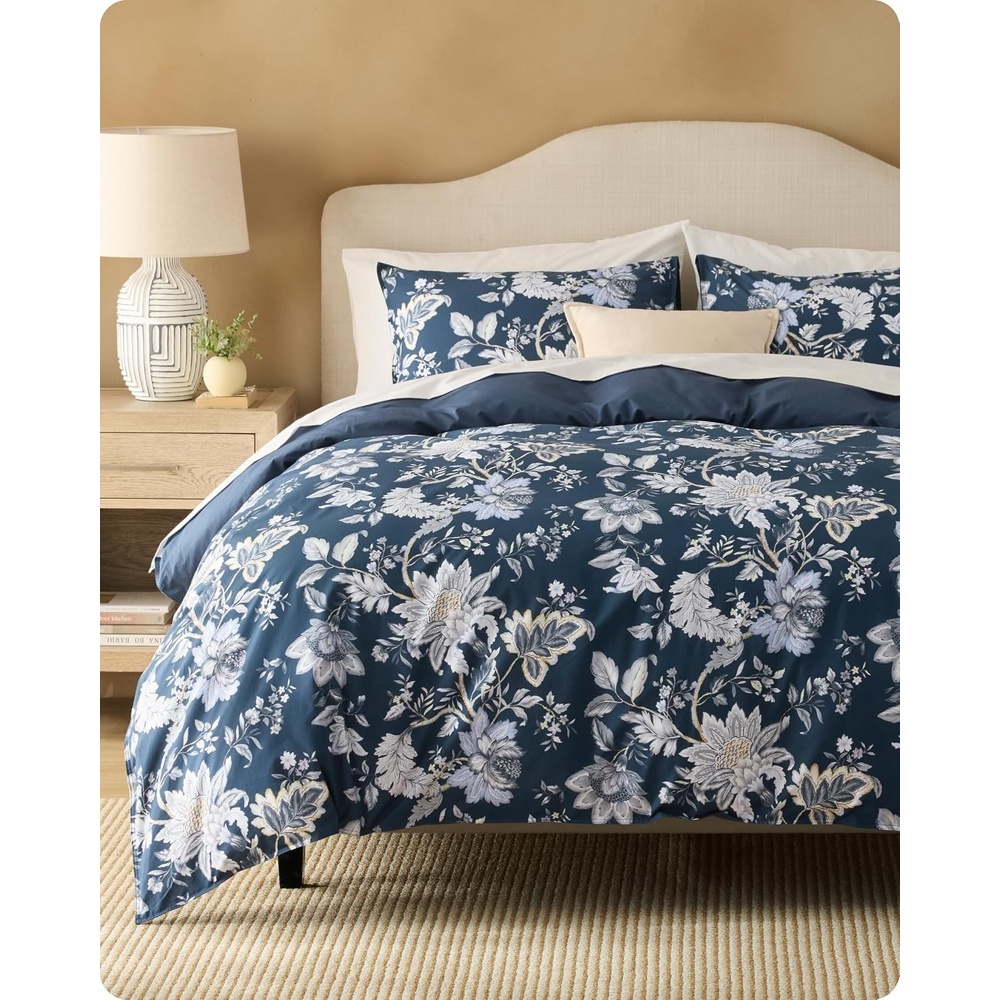image:imageBedsure PureWoven 100 Cotton Striped Duvet Cover Set Queen TanWhite Washed Cotton LinenLike Texture Breathable Zipper Closure Machine Washable 3 Pieces with 2 Pillow Shams 90 X 9018 Vintage Navy Floral No Comforter