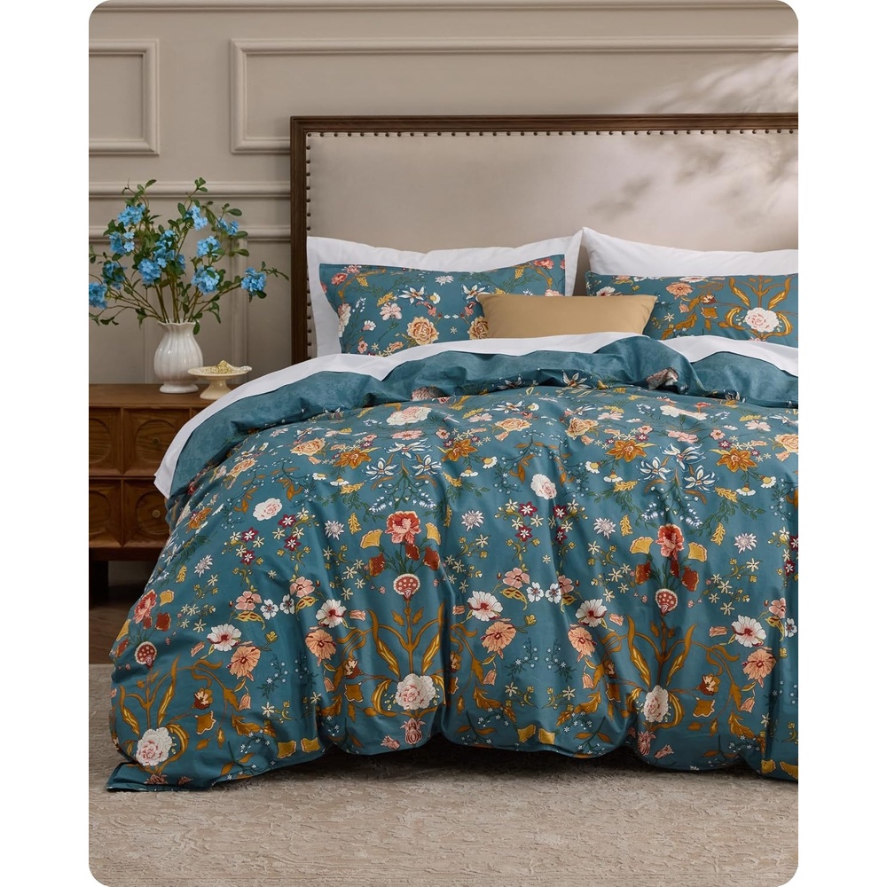 image:imageBedsure PureWoven 100 Cotton Striped Duvet Cover Set Queen TanWhite Washed Cotton LinenLike Texture Breathable Zipper Closure Machine Washable 3 Pieces with 2 Pillow Shams 90 X 9016 Vintage Teal Floral No Comforter