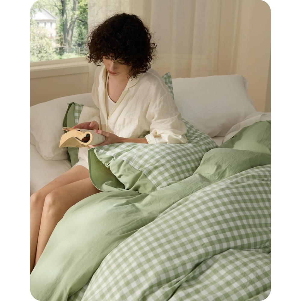 image:imageBedsure PureWoven 100 Cotton Striped Duvet Cover Set Queen TanWhite Washed Cotton LinenLike Texture Breathable Zipper Closure Machine Washable 3 Pieces with 2 Pillow Shams 90 X 9012 Sage Green Gingham No Comforter