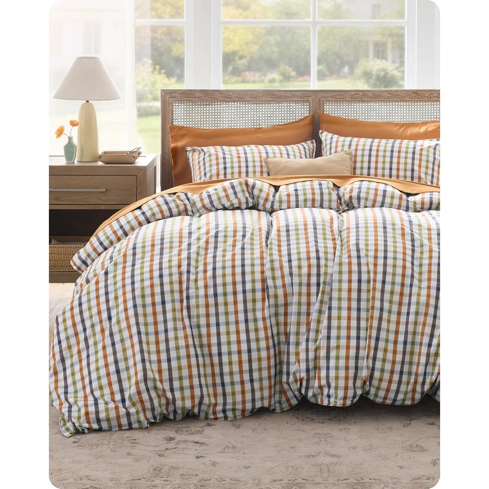 image:imageBedsure PureWoven 100 Cotton Striped Duvet Cover Set Queen TanWhite Washed Cotton LinenLike Texture Breathable Zipper Closure Machine Washable 3 Pieces with 2 Pillow Shams 90 X 9015 Warm Gingham No Comforter