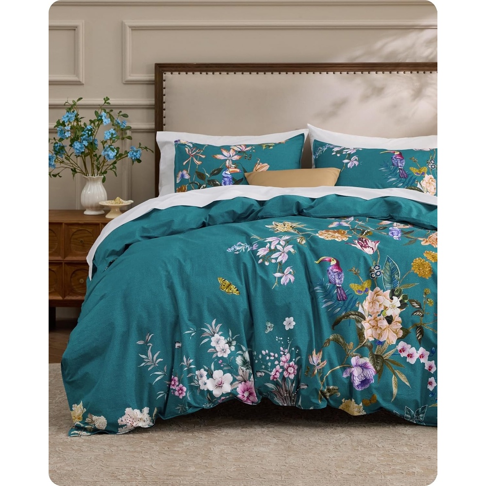 image:imageBedsure PureWoven 100 Cotton Striped Duvet Cover Set Queen TanWhite Washed Cotton LinenLike Texture Breathable Zipper Closure Machine Washable 3 Pieces with 2 Pillow Shams 90 X 9017 Floral Bird No Comforter