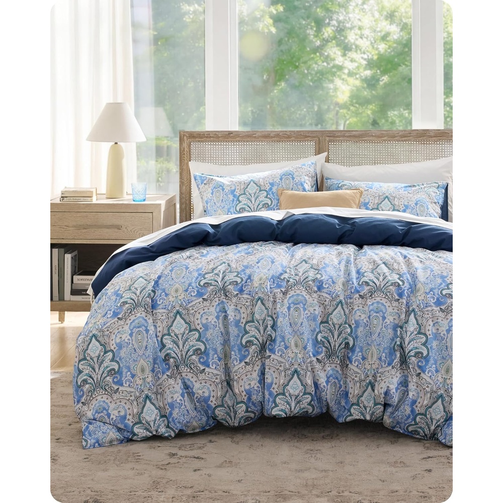 image:imageBedsure PureWoven 100 Cotton Striped Duvet Cover Set Queen TanWhite  Washed Cotton LinenLike Texture Breathable Zipper Closure Machine Washable 3 Pieces with 2 Pillow Shams 90 X 9003  Blue Paisley No Comforter