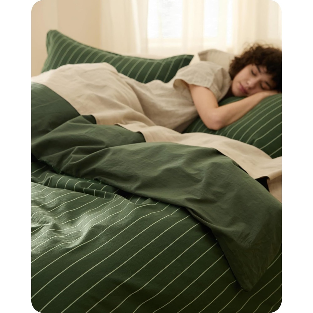 image:imageBedsure PureWoven 100 Cotton Striped Duvet Cover Set Queen TanWhite Washed Cotton LinenLike Texture Breathable Zipper Closure Machine Washable 3 Pieces with 2 Pillow Shams 90 X 9010 Olive Green Stripes No Comforter
