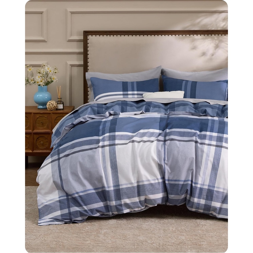 image:imageBedsure PureWoven 100 Cotton Striped Duvet Cover Set Queen TanWhite Washed Cotton LinenLike Texture Breathable Zipper Closure Machine Washable 3 Pieces with 2 Pillow Shams 90 X 9014 Navy Buffalo Plaid No Comforter