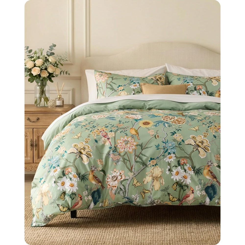 image:imageBedsure PureWoven 100 Cotton Striped Duvet Cover Set Queen TanWhite Washed Cotton LinenLike Texture Breathable Zipper Closure Machine Washable 3 Pieces with 2 Pillow Shams 90 X 9006 Green Garden No Comforter