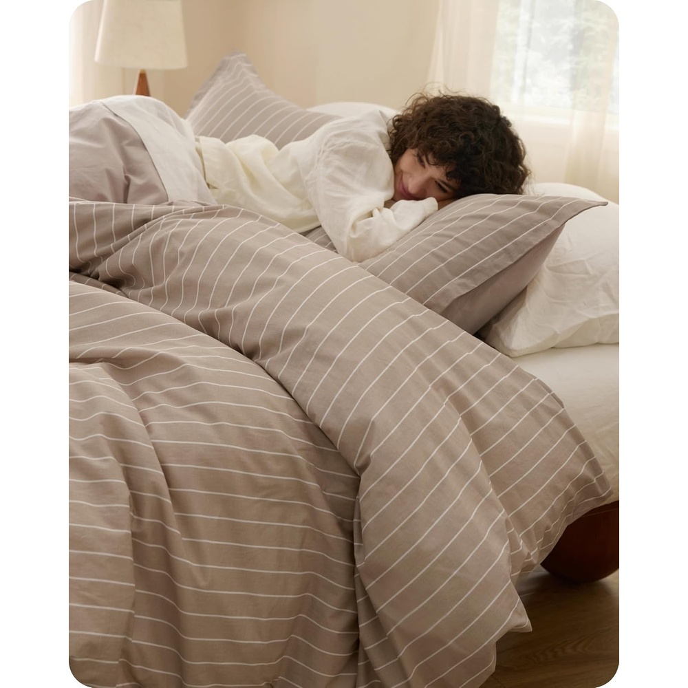 image:imageBedsure PureWoven 100 Cotton Striped Duvet Cover Set Queen TanWhite Washed Cotton LinenLike Texture Breathable Zipper Closure Machine Washable 3 Pieces with 2 Pillow Shams 90 X 9008 TanWhite Stripes No Comforter
