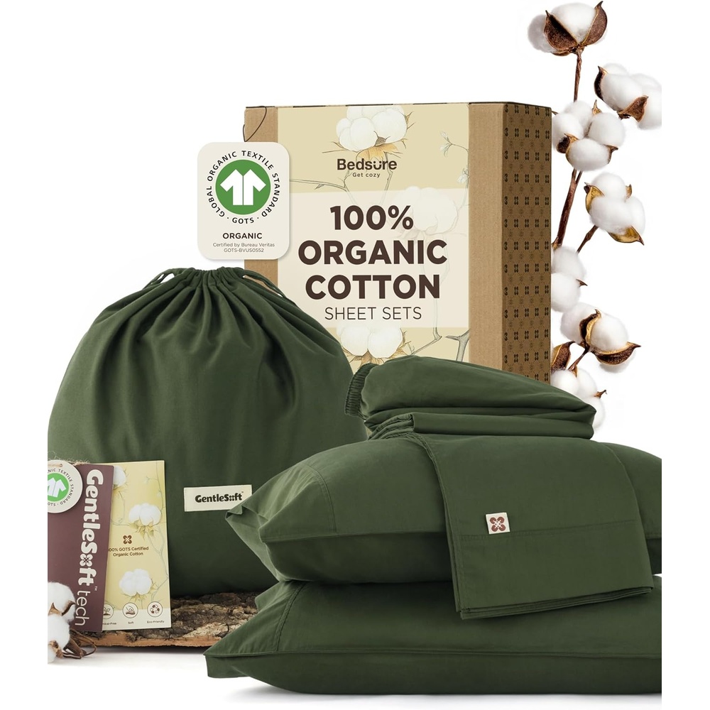 image:imageBedsure PureWoven 100 GOTS Certified Organic Cotton Sheets Queen Size EcoFriendly 17 Deep Pocket with Corner Straps Luxury Hotel Soft Breathable amp Durable Sateen Bed Sheets OEKOTex Linen05 Olive Green