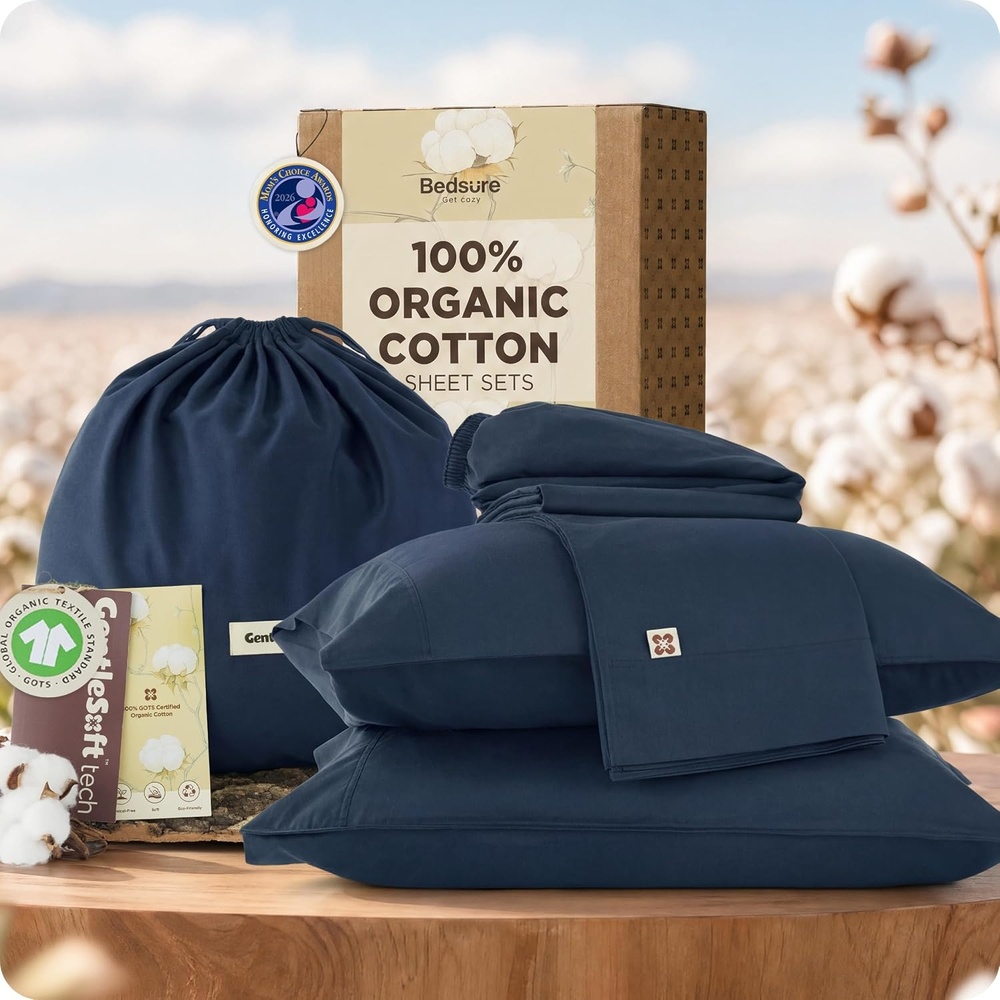 image:imageBedsure PureWoven 100 GOTS Certified Organic Cotton Sheets Queen Size EcoFriendly 17 Deep Pocket with Corner Straps Luxury Hotel Soft Breathable amp Durable Sateen Bed Sheets OEKOTex Linen06 Navy