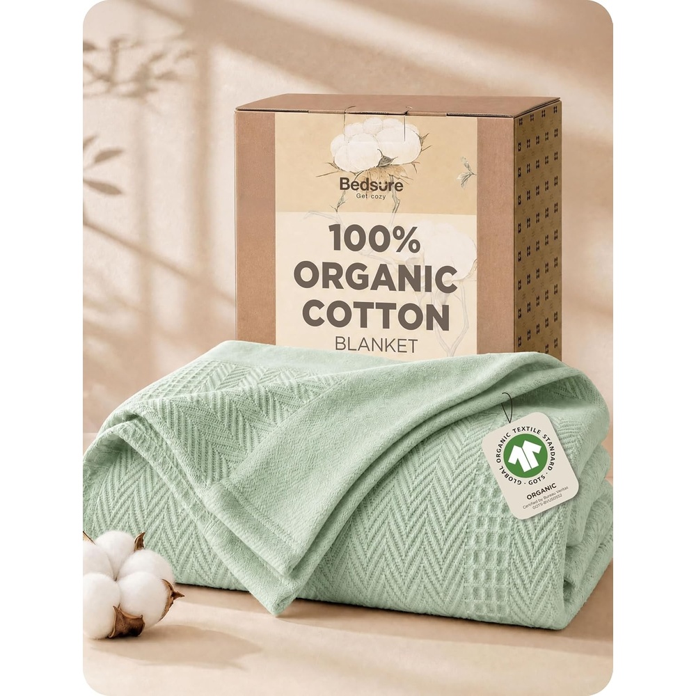 image:imageBedsure PureWoven 100 Organic Cotton Waffle Luxury Blanket Queen White GOTS Certified Organic Cotton Waffle amp Herringbone Textured Soft Breathable All Season Machine Washable Home Decor Gift04 Light Green