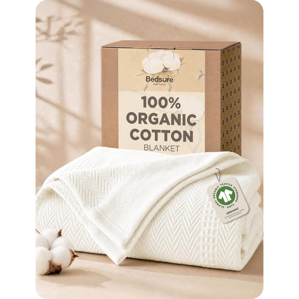 image:imageBedsure PureWoven 100 Organic Cotton Waffle Luxury Blanket Queen White GOTS Certified Organic Cotton Waffle amp Herringbone Textured Soft Breathable All Season Machine Washable Home Decor Gift01 White