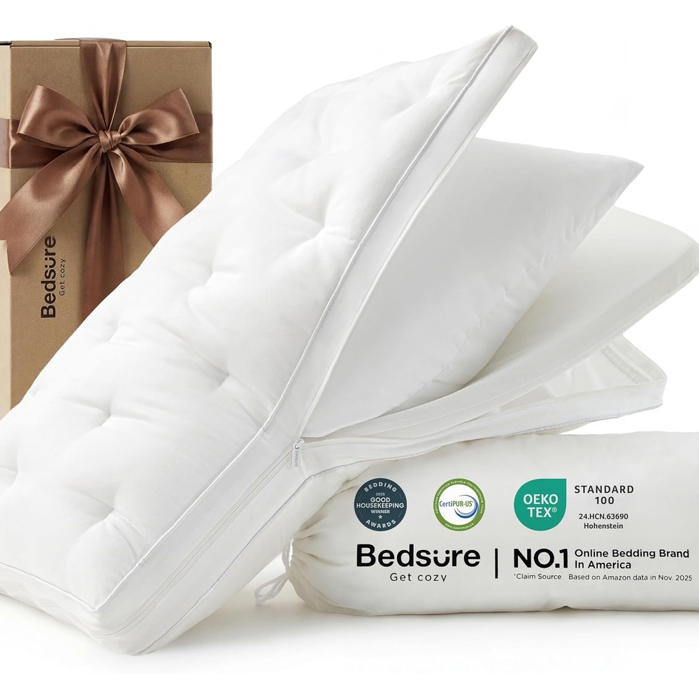 image:imageBedsure PureWoven Adjustable Pillow Queen for Back Stomach Side Sleepers  CertiPURUS Memory Foam amp Down Alternative DualFill 100 Cotton Cover 3in1 357 Custom Height Pillow 26x171 PackWhite