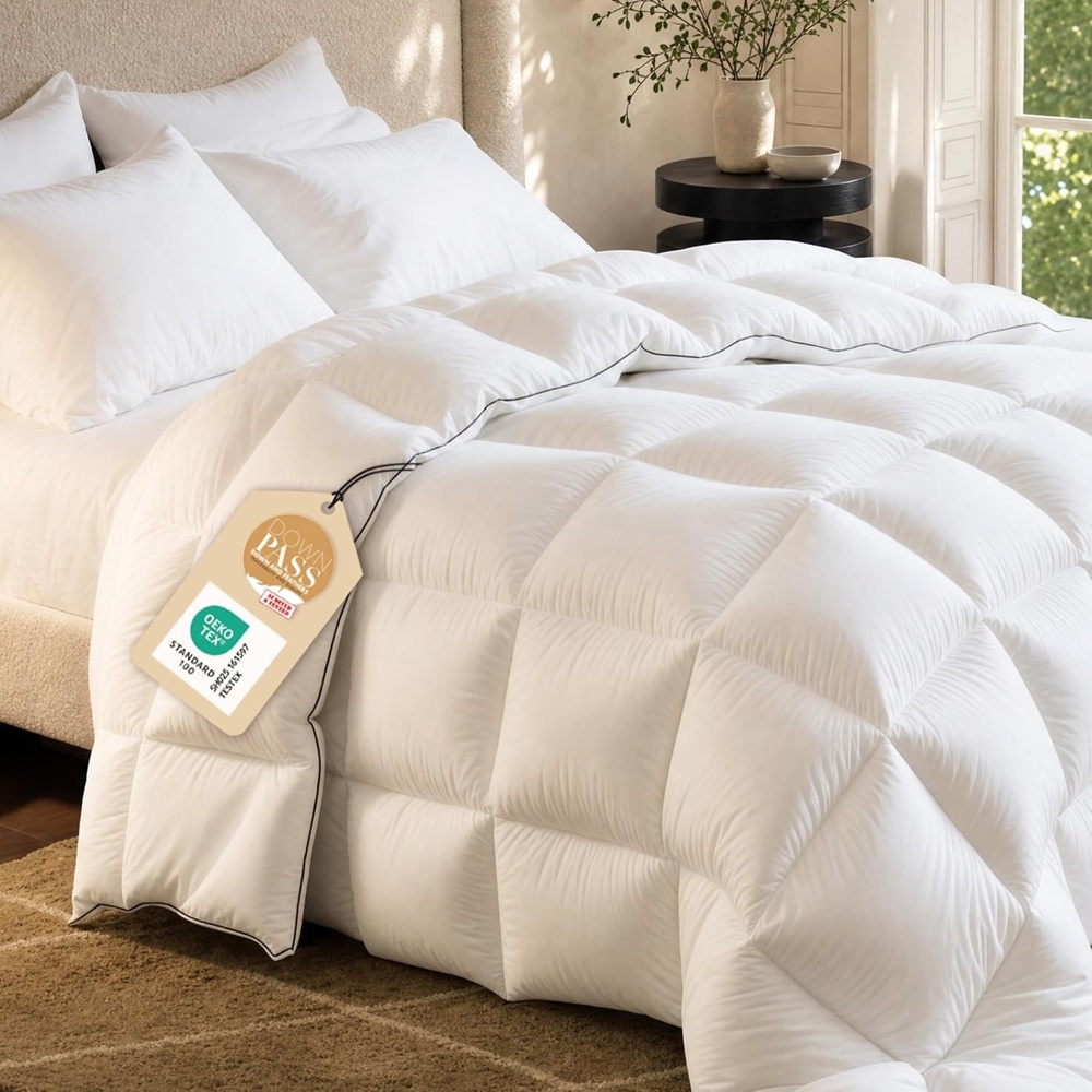image:imageBedsure PureWoven Feather Down Comforter Queen Size All Season Duvet Downpass Certified Hotel Luxury Duvet Insert 8 Corner Tabs amp Storage Bag Soft Cotton Blend 90x90 Inches LightweightWhite Medium Weight