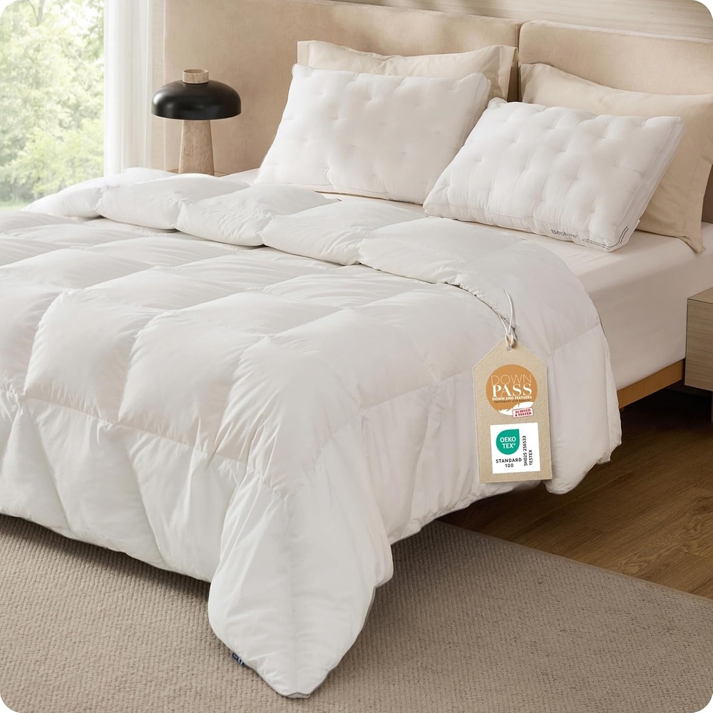 image:imageBedsure PureWoven Feather Down Comforter Queen Size All Season Duvet Downpass Certified Hotel Luxury Duvet Insert 8 Corner Tabs amp Storage Bag Soft Cotton Blend 90x90 Inches LightweightWhite Lightweight